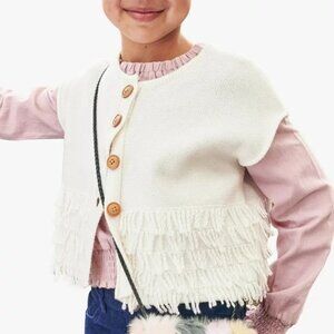 Kidpik SLEEVELESS BUTTON FRONT FRINGE‎ SWEATER VEST in Cream - Size XXL